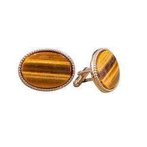 Vintage Gold-Tone Tigers Eye Oval Cufflinks With Beaded Edge Detailing